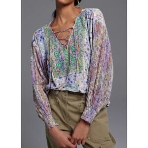Anthropologie purple floral lace up blouse